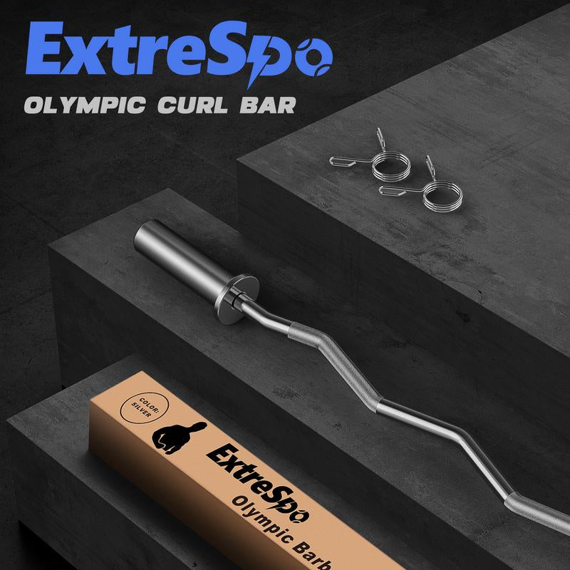 47" Olympic EZ Curl Barbell Bar Chrome Curling Bar with 2 Spring Collars for Biceps, Triceps, and Full-Body Workouts