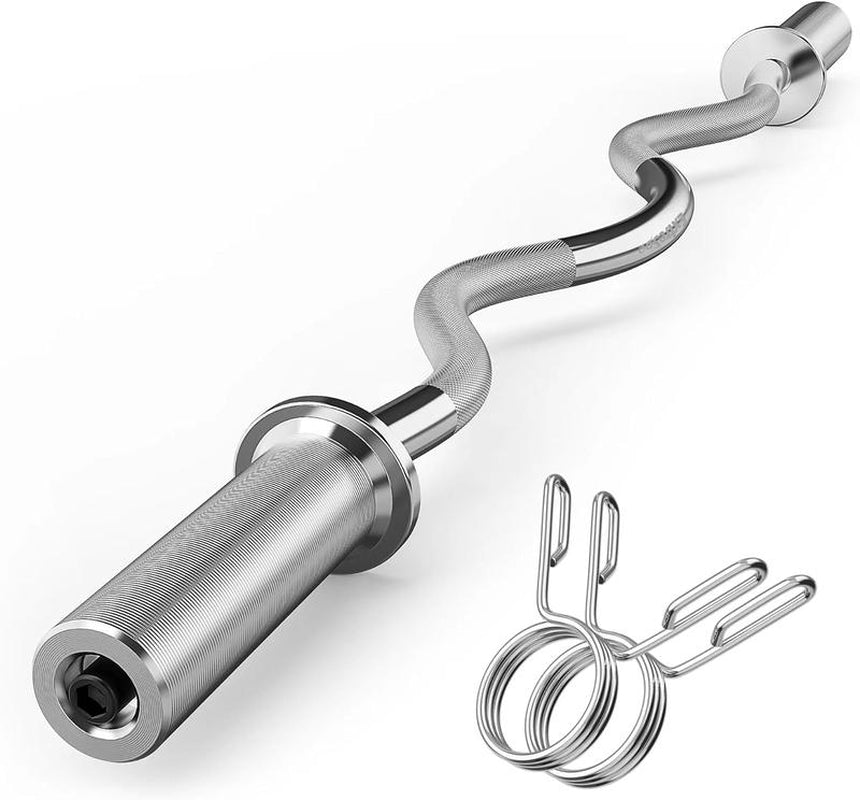 47" Olympic EZ Curl Barbell Bar Chrome Curling Bar with 2 Spring Collars for Biceps, Triceps, and Full-Body Workouts