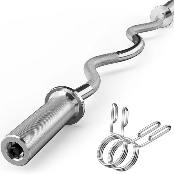 47" Olympic EZ Curl Barbell Bar Chrome Curling Bar with 2 Spring Collars for Biceps, Triceps, and Full-Body Workouts