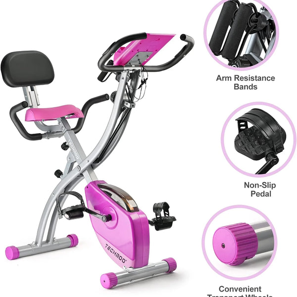 Folding Exercise Bike Portable Upright Adjustable Backrest Cycling Recumbent Stationary Bike Slim Indoor Workout Fitness Cardio Foldable Exercise Bicycle Machine with Pulse Sensor LCD Monitor