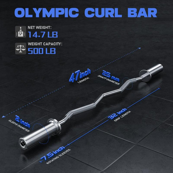 47" Olympic EZ Curl Barbell Bar Chrome Curling Bar with 2 Spring Collars for Biceps, Triceps, and Full-Body Workouts